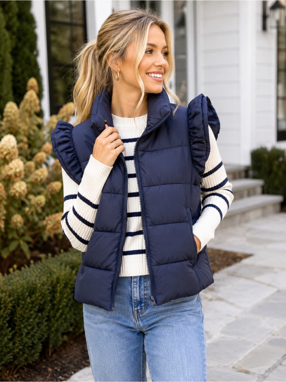 Simply Southern Ruffle Puffer Vest Navy NWT Multiple Sizes